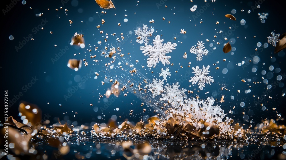 Poster abstract nature close-up of snowflakes dancing amidst fallen leaves in a captivating minimalist desi