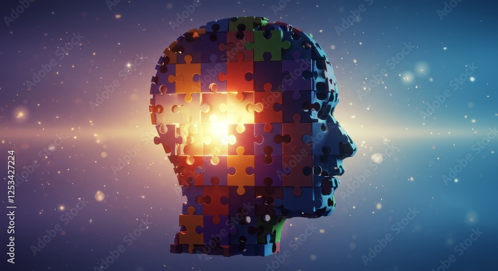 Poster the illuminated mind: a puzzle of potential - conceptual image symbolizing intellect, potential, uni