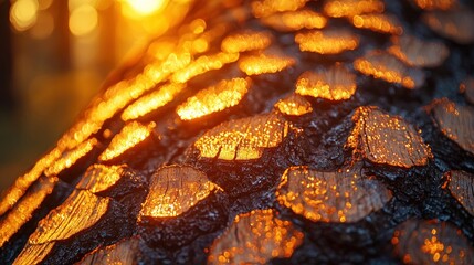 Sunset illuminates tree bark texture, forest background, nature photography