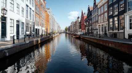 Fototapeta premium Sunny canal, colorful houses, Amsterdam, Netherlands, travel