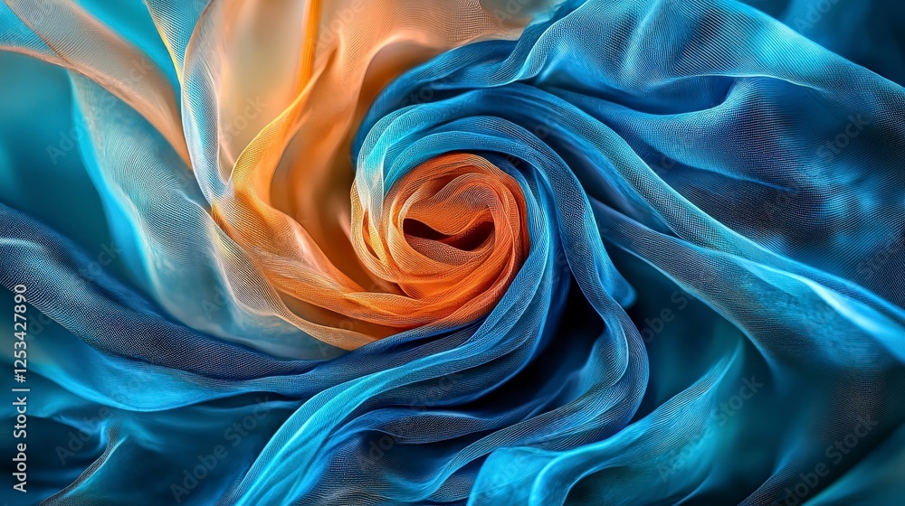Aufkleber Fluid lines spiraling in vibrant blue and orange textile art abstract design close-up soft environment