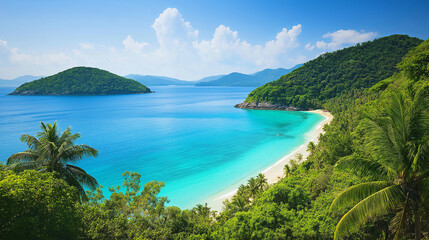 A tropical island beach surrounded by lush palm trees and sparkling blue waters