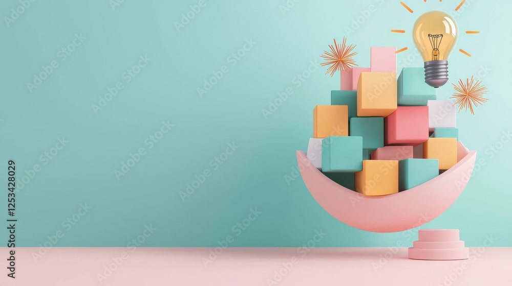 Poster creative concept of light bulb and colorful building blocks display