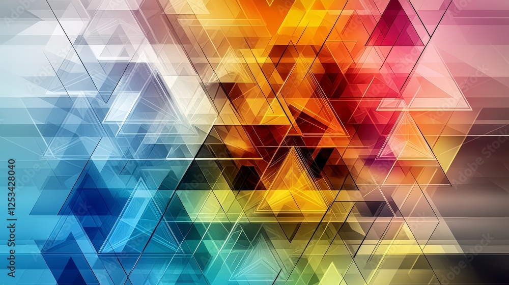 Poster Intricate geometric triangles stacked layered art abstract design digital creation colorful background dynamic perspective