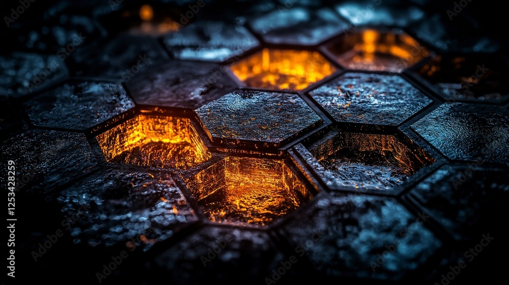 Aufkleber illuminated hexagonal shapes casting unique shadows urban setting abstract art dark environment clos
