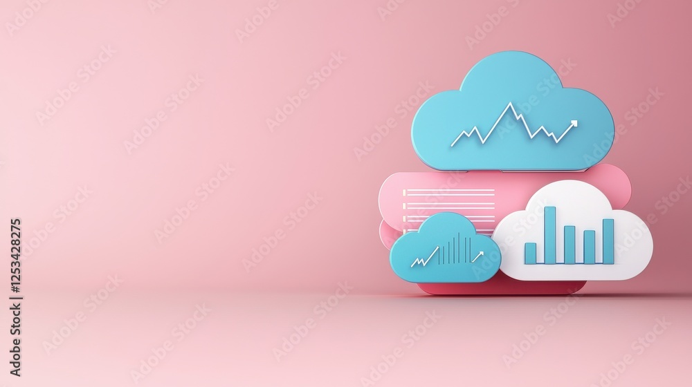 Poster cloud computing symbols with visualal elements on pink background