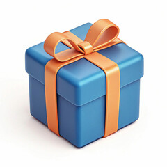 A 3D-rendered blue gift box with an orange ribbon