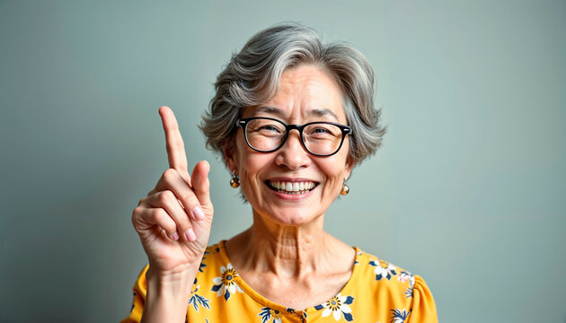 Cheerful elderly woman with glasses smiling and pointing at idea on soft gray background