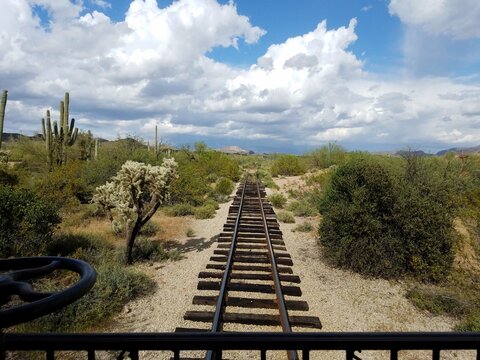 Narrow Gauge Railroad Tracks through the Arizona Desert at Goldfield Ghost Town