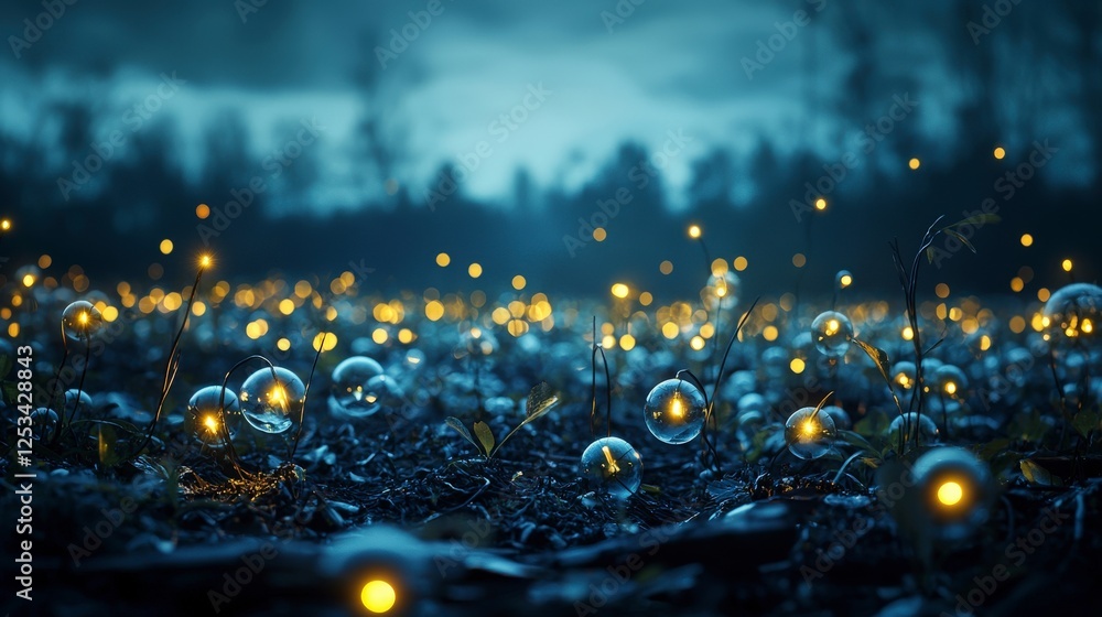 Poster scattered light points in a dark forest nature photography surreal environment close-up view captiva
