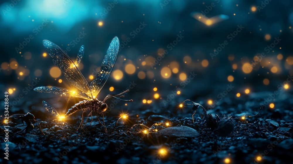 Poster dazzling light points emulating fireflies night forest nature scene enchanted environment close-up v