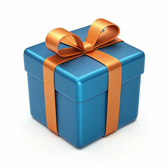 A 3D-rendered blue gift box with an orange ribbon