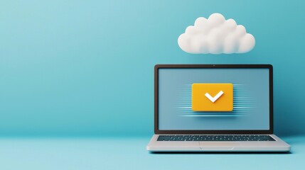 Laptop and Cloud Concept with Checkmark Icon on Blue Background