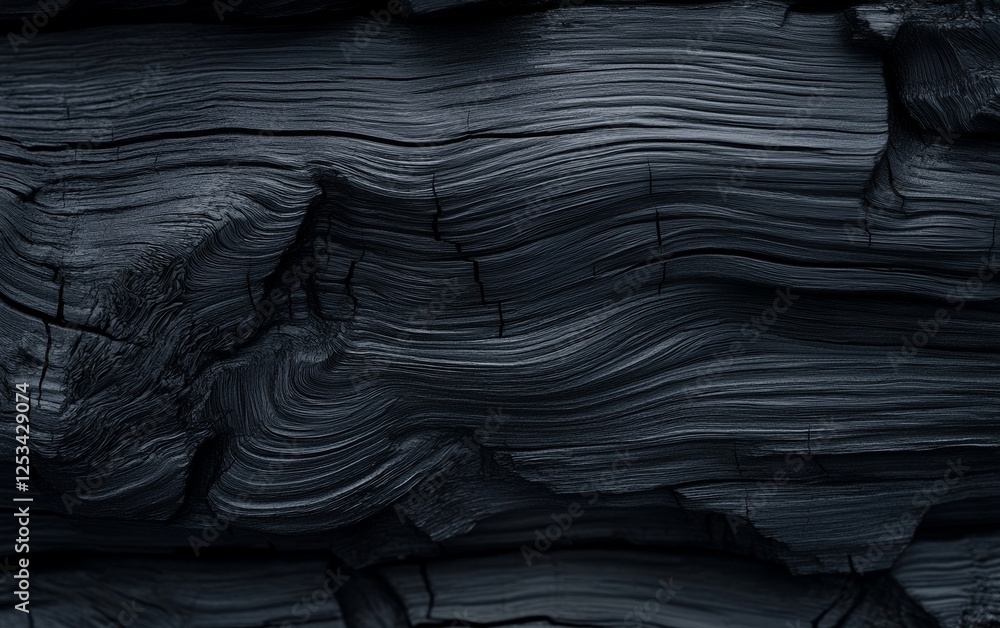 Poster close up of burnt charred wood surface with detailed natural texture and deep black grooves creating