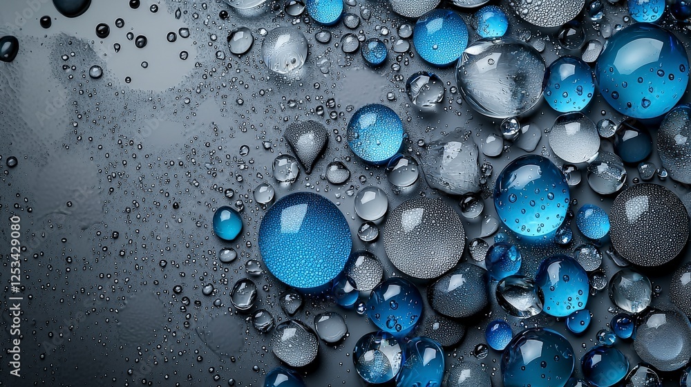 Poster Raindrops intermingling in gray and blue nature close-up artistic environment macro view visual concept