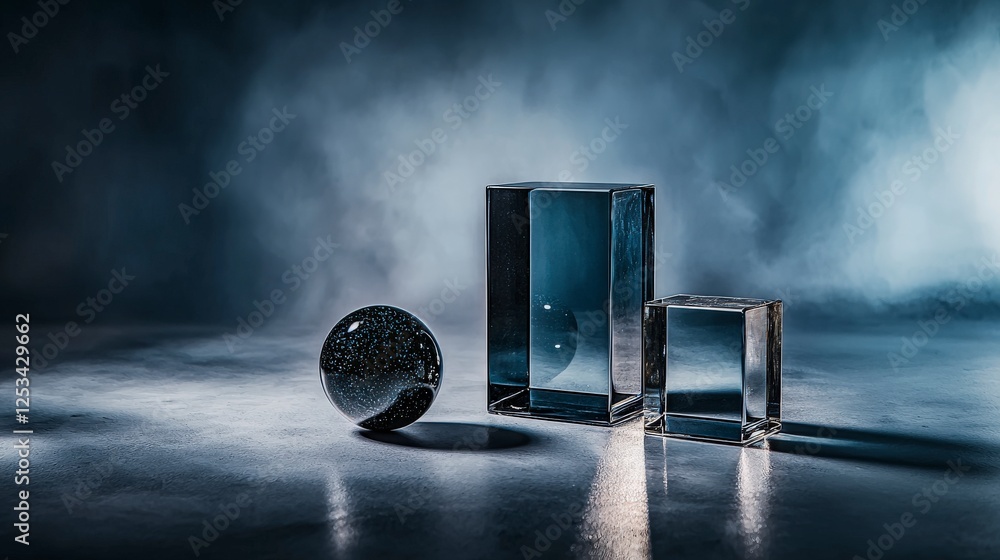 Poster geometric shapes and reflection in dark studio minimalist photography elegance abstract artistic sti