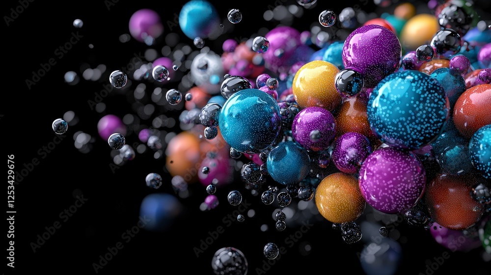 Leinwandbilder Colorful evolving dots in a dynamic flow abstract art digital creation dark background close-up perspective