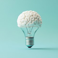 Brain in lightbulb; idea; blue background; innovation concept