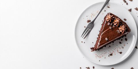Fototapeta premium slice of chocolate cake on white plate with fork