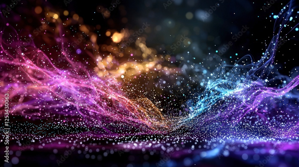 Poster Dynamic light trails in a cosmic space abstract art colorful waves digital environment wide angle visual harmony