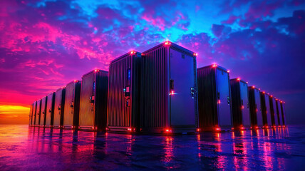 Modular data center units with vibrant lighting at sunset