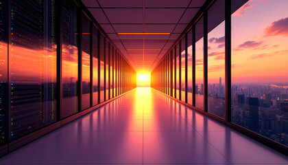 futuristic data center inside skyscraper with sunset view
