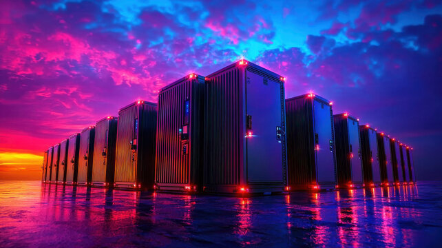 Modular data center units with vibrant lighting at sunset