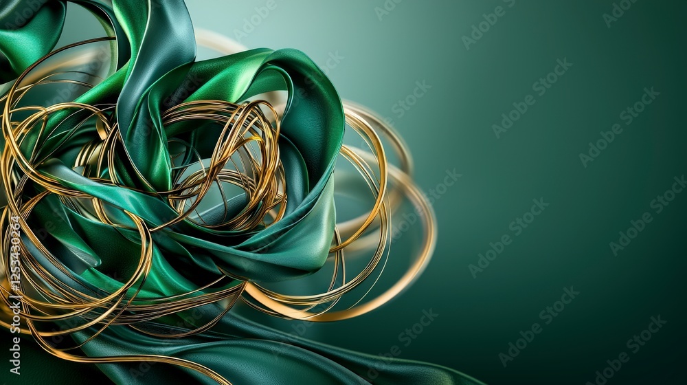 Poster twisted overlapping rings in green and gold bending and flowing abstract design digital art vibrant 