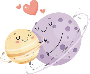 Cute planets hugging, love . For kids print, sublimation, card . Vector flat illustration