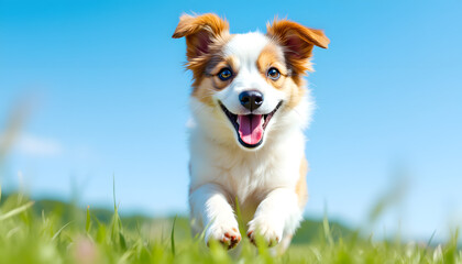 Happy White and Brown Dog Running Through a Grassy Field