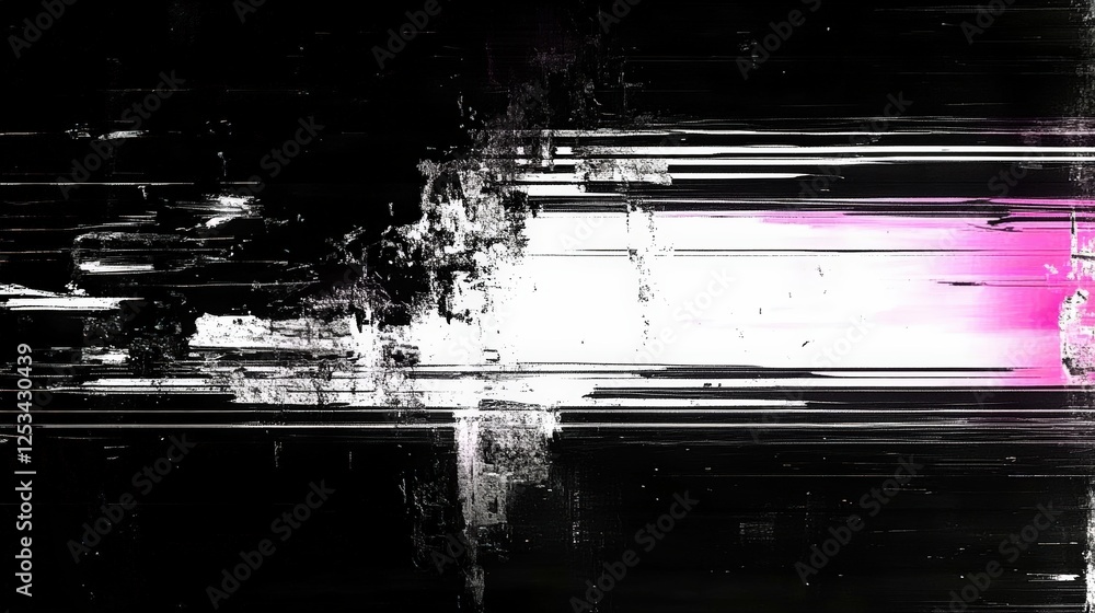 Poster abstract distorted black and white motion glitch overlay with dynamic lines and textured surface dis