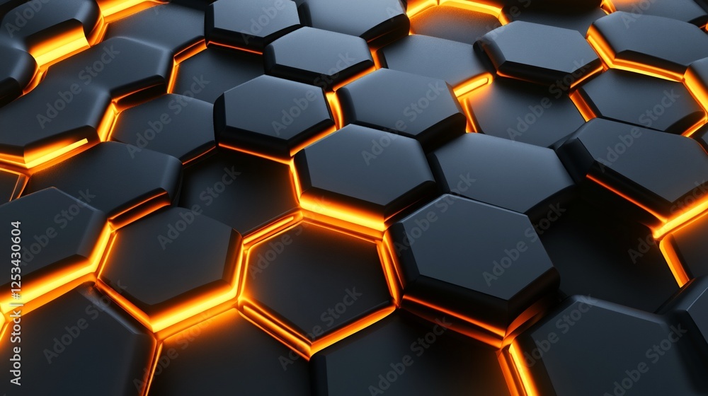 Aufkleber abstract black hexagonal pattern with glowing orange lines, futuristic background