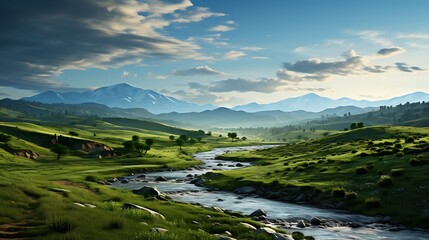Rolling hills covered in lush green grass under the calming light of a full moon.