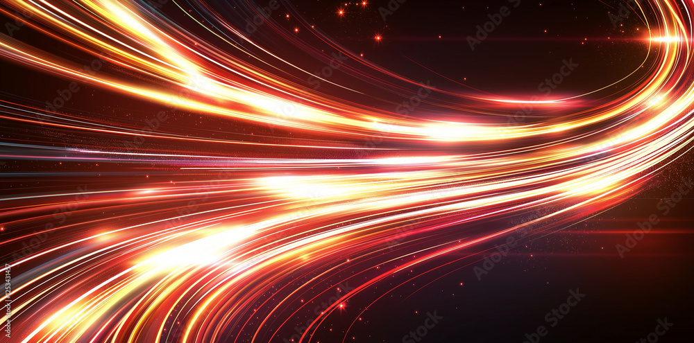 Poster bright streaks of light create dynamic background with vibrant colors, evoking sense of speed and en
