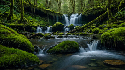 Fototapeta premium Waterfall in a mossy forest.