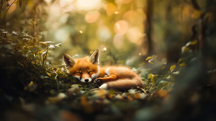 Obraz premium Photograph of a cute baby fox sleeping in the forest 