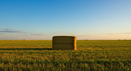 Hay Bale in Field at Sunset Under Clear Blue Sky