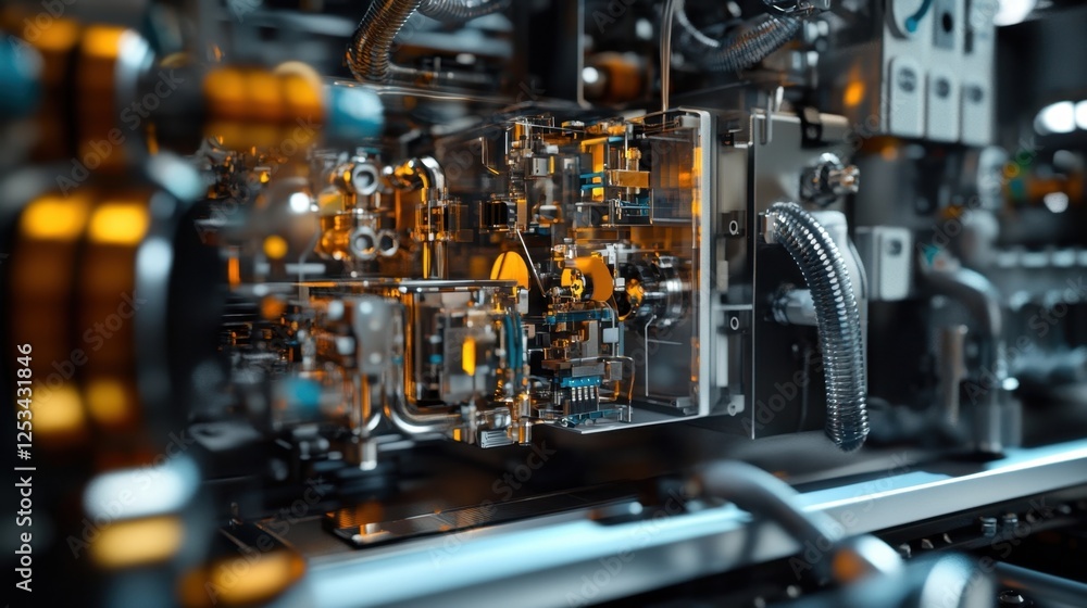 Poster close up view of complex mechanical components and circuitry, highlighting intricate design and adva