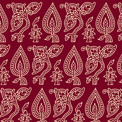 Indian Paisley Ethnic Floral Seamless Vector Pattern, Vintage Oriental Motif Print for Chintz fabric or Batik Indonesia Sarong, Arabesque Design