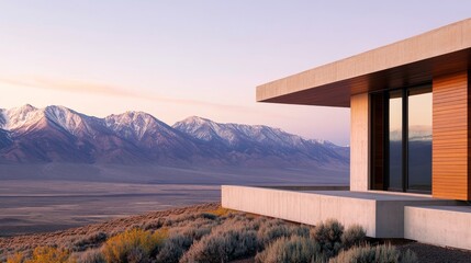 Modern architectural home overlooking a serene mountain landscape at sunset, with soft color in the sky