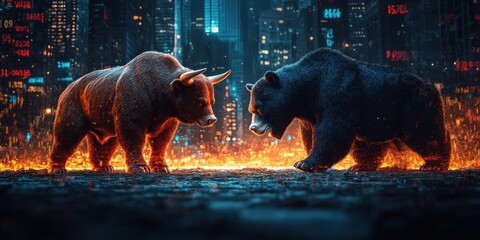 Bull vs Bear: A Fierce Stock Market Showdown in a Cyberpunk Cityscape