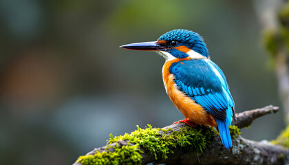 Fototapeta premium Kingfisher Perched on Mossy Branch