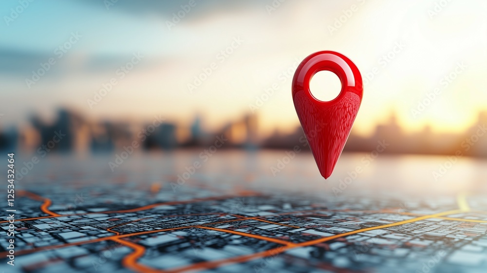 Poster a red location pin stands prominently on city map, symbolizing navigation and exploration. blurred u