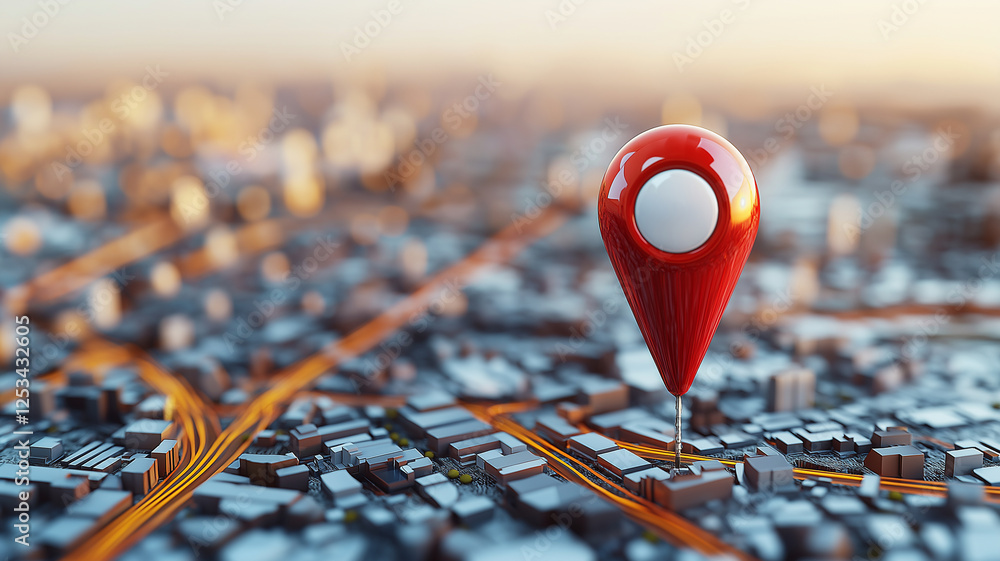 Poster red location pin stands prominently on city map background, symbolizing navigation and direction. bl