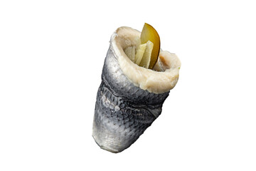 Rollmops herring roll with onion and pickles appetizer fresh tasty food dish delicious gourmet food background on the table rustic food top view copy space vegetarian food pescetarian diet