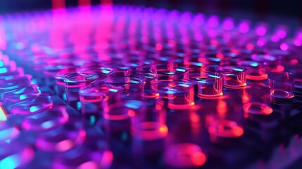 Obraz premium Rows of laboratory glassware illuminated by vibrant neon lights, creating a futuristic and dynamic atmosphere. The colorful reflections highlight the scientific setting