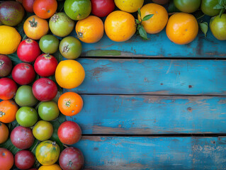 A vibrant array of juicy tropical fruit sprawls on the blue background, Tropical freshness and color. Generative Ai