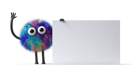 Fluffy, cute monster holds a blank sign, symbolizes information and advertising display. 3D rendering, conceptual image. Isolated on white background.