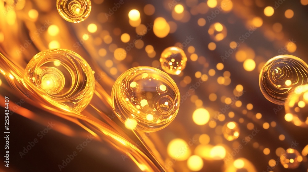Poster abstract golden spheres floating on liquid surface with blurry bokeh effect background