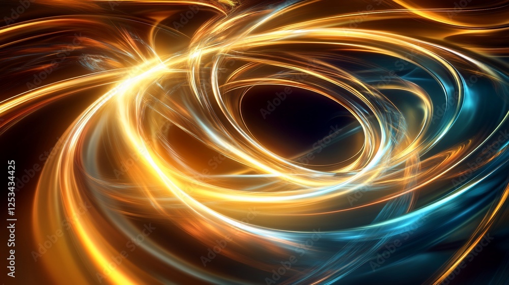 Poster abstract image of golden and blue swirls and lines with a dark background